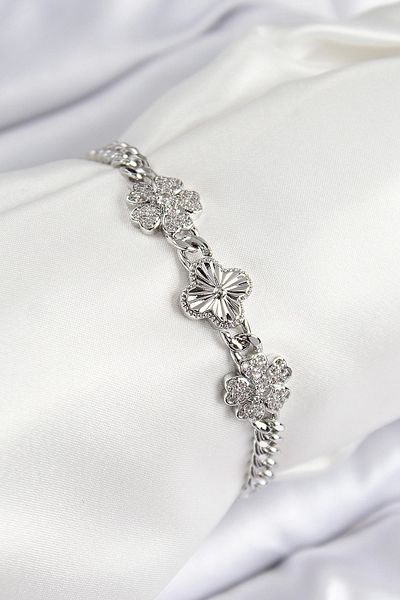 NETWORK ART Bfs Brass Zircon Stone Clover Model Silver Color Women's Bracelet