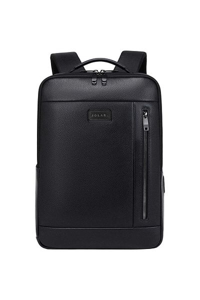 JOLAR. Smart leather backpack, separate compartment for 15.6 inch laptop, water resistant, Black