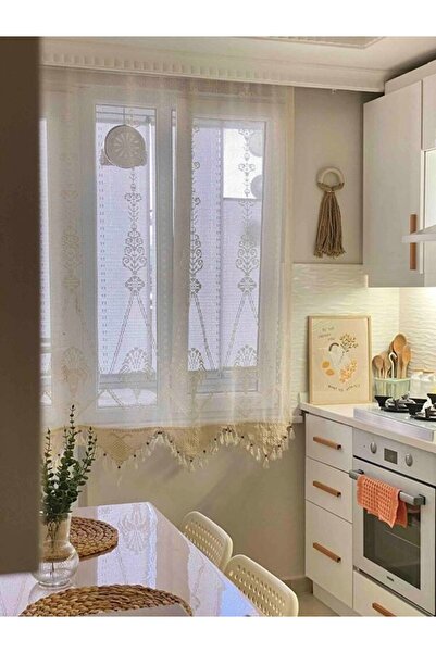 DENBU TEKSTİL Buldan İşi Makrome Tül Perdesi El Dantelli Otantik Natural %100 Pamuklu Perde