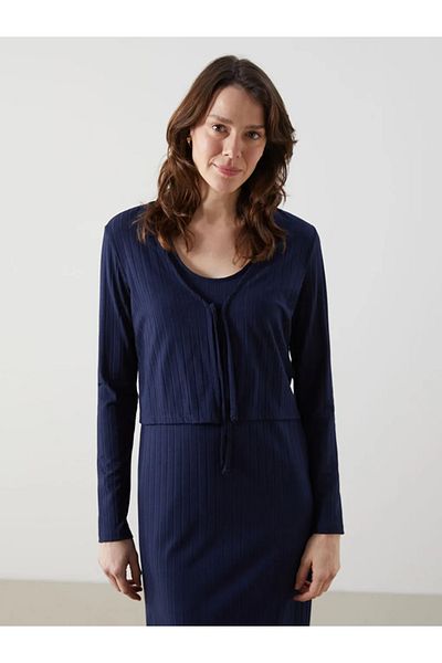 LC Waikiki LCW Comfort Navy Blue U-Neck Women's Dress and Cardigan Set