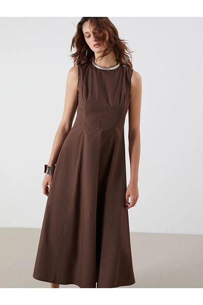 LC Waikiki Lcw Vision Brown Crew Neck Poplin Waist Seated Dress