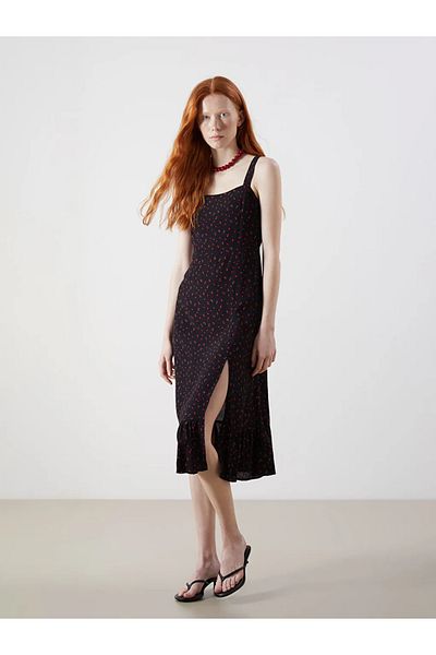 LC Waikiki Xside Black U-Neck Cherry Printed Strap Waist Fitted Dress