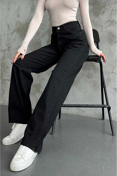 LORDA GİYİM Black Loose Fit Palazzo High Waist Stretchy Denim Pants with Lycra Colorfast Black