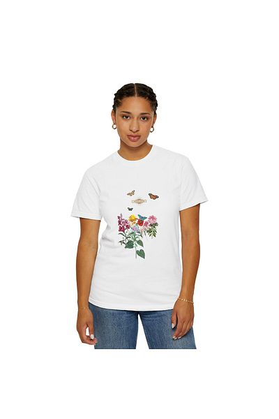 Hilosh Butterfly and Flower Printed Crew Neck Comfort Fit Unisex White T-Shirt