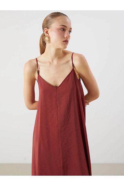 LC Waikiki Lcw Vision Burgundy V-Neck Strap A-Line Modal Blend Dress