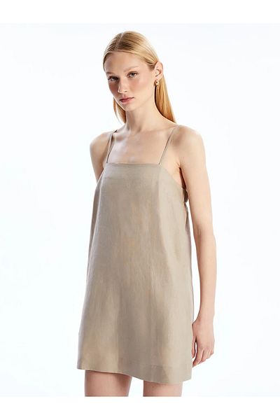 LC Waikiki Lcw Vision Beige Square Neck 100% Linen Mini Dress