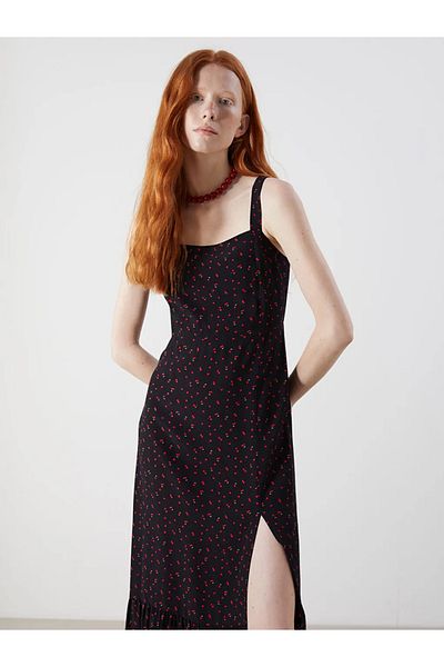LC Waikiki Xside Black U-Neck Cherry Printed Strap Waist Fitted Dress