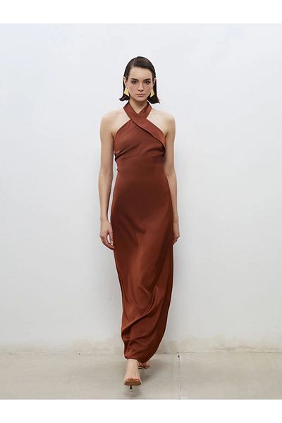 LC Waikiki Soulife Brown Halter Neckline Satin Evening Dress