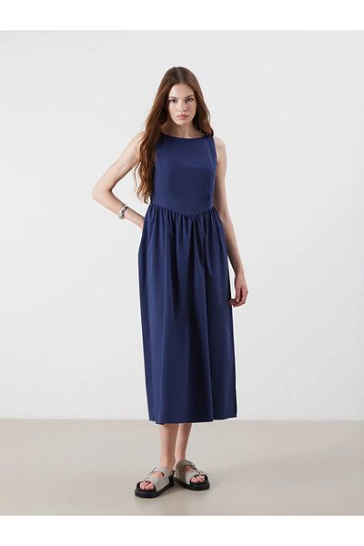 LC Waikiki Xside Navy Blue Crew Neck Gathered Waist Dress