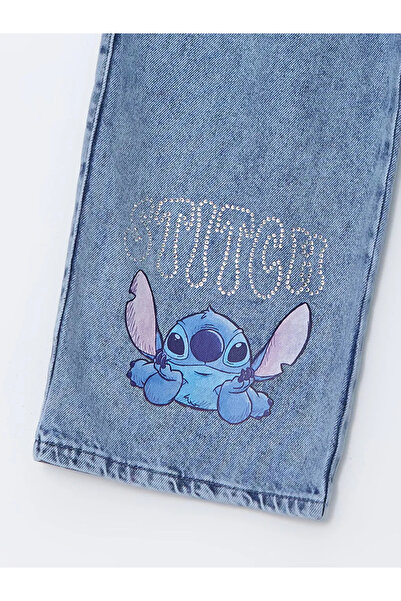 LC Waikiki LCW Kids Mavi Beli Lastikli Stitch Taş Baskılı Kız Çocuk Jean Pantolon