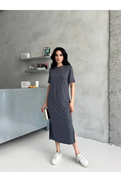 Butik Gri Yırtmaç Detaylı Basic Elbise