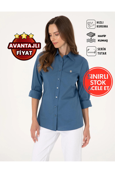 Pierre Cardin Açık İndigo Slim Fit Uzun Kollu Kadın Gömlek