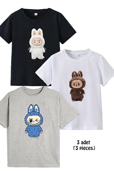 makiteks Tricou 3 bucăți din bumbac pieptănat fete băieți unisex copii tricou imprimat 5 6 7 8 9 10 11 12 13 14 ani Labubu