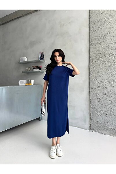 Butik Saks Mavi Yırtmaç Detaylı Basic Elbise