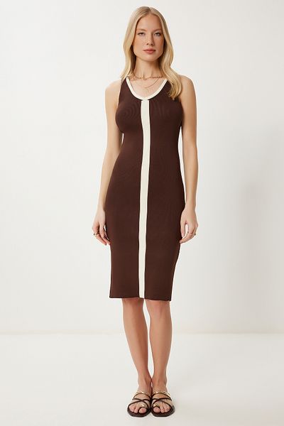 Lovelyİstanbul Contrast Color Saran Stretch Knitted Dress Lki̇0036 Brown