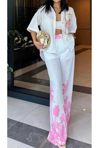 Butik Şenel Palm Printed Linen Shirt Pants Set