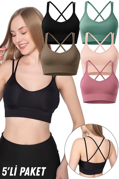 Fivora Slim Strap Back Cross Double Strap Sports Crop Bustier with Pads – Lifting Support 5 Pack-5