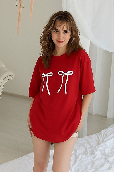 MELADYAN Ribbon Printed Women's Oversize T-Shirt