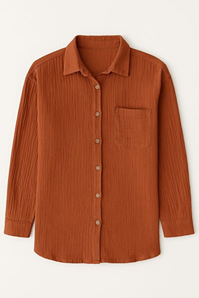 enmodaiçgiyim 100% Cotton Muslin Fabric Women's Shirt – Brick Color, Long Sleeve, Comfortable Fit, 4 Season Model