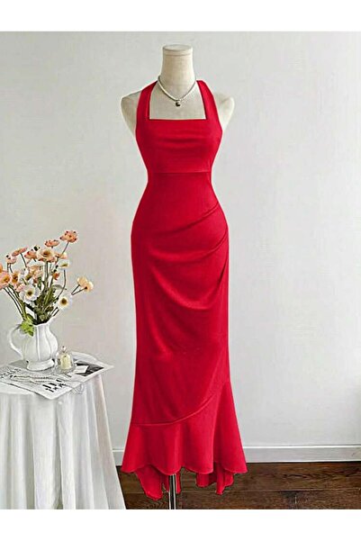 Dressco Melissa - Boyundan Bağlamalı Balık Form Volanlı Maxi Elbise