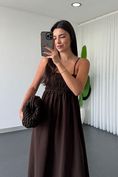 ECEMİ Besy Brown Rubber Detail Basic Dress