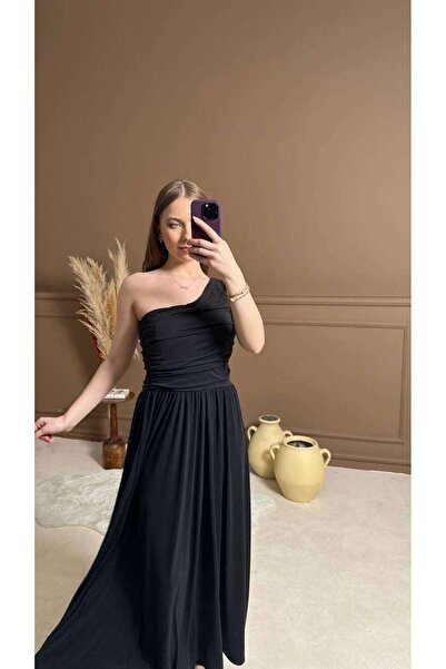 Butik Siyah Tek Omuzlu Elbise