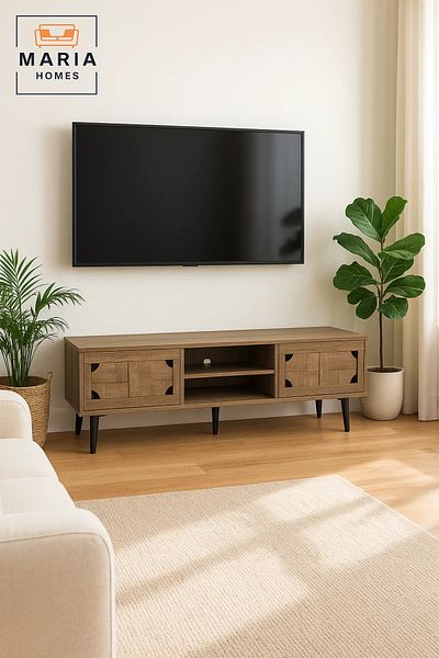 MARIA HOMES Modern Brown Wood-Look TV Stand 160x55 cm with Storage Cabinets and Open Shelves