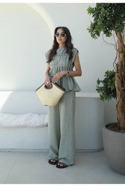 Lotus Zero Sleeve Gathered Linen Blouse- Trousers Two Piece Set