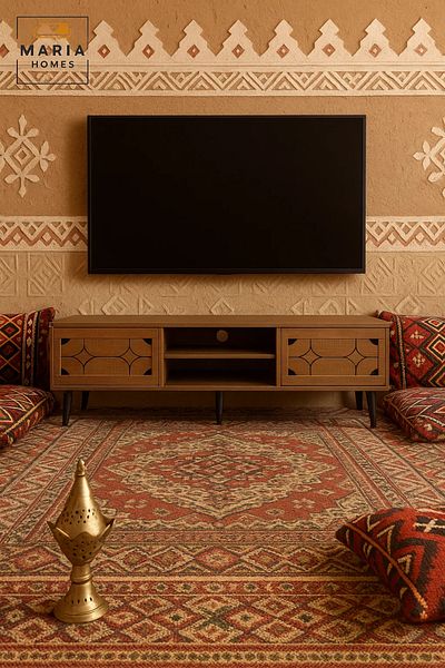MARIA HOMES Modern Brown Wood-Look TV Stand 160x50 cm with Decorative Cabinets and Cable Hole