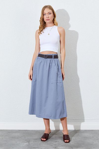 EDITION WOMAN Midi Gabardine Skirt with Belt Detail, Pockets and Elastic Waist |   Ek100293081