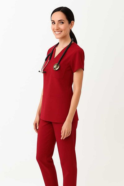 PIQUE Red Lycra Unisex Bat Sleeve Nurse and Doctor Uniform Set Scrubs