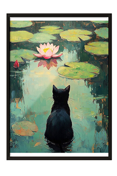 Zestia Tablou înrămat negru, pisică așezată pe frunză de nufăr, poster cu apă...