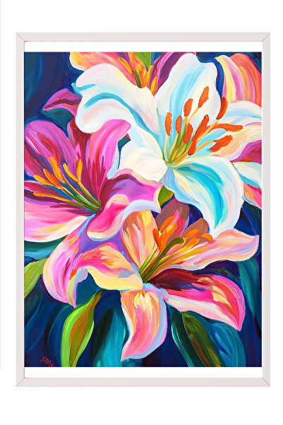 Zestia Tablou înrămat alb, flori de crin, culori vibrante, poster cu pictură ...