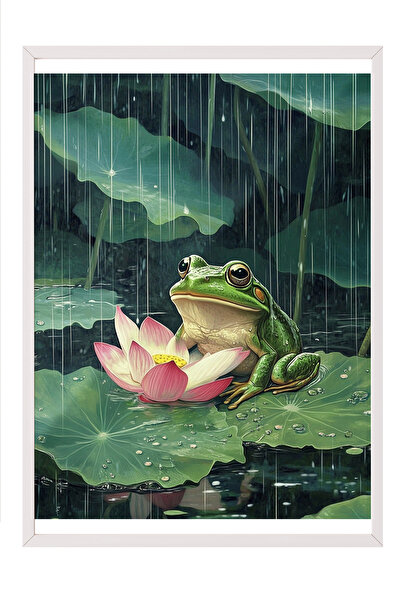 Zestia Картина с бяла рамка, жаба и водна лилия, ефект на капки дъжд Постер №...
