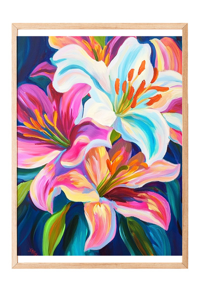 Zestia Tablou cu ramă din lemn, flori de crin, culori vibrante, poster cu pic...