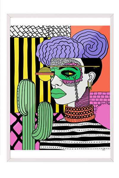 Zestia Tablou în ramă albă, portret de femeie, cactuși și geometrie, poster d...