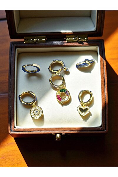 GLOW LUXE 316L Çelik Kalpli Renkli Zirkon Taşlı 6'lı Şık Tasarımlı Küpe