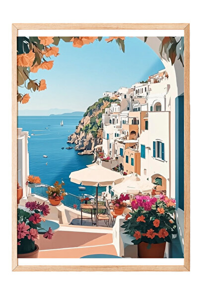 Zestia Tablou cu ramă din lemn, peisaj mediteranean, case albe și mare, poste...