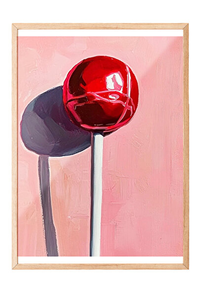 Zestia Tablou cu ramă din lemn, acadea roșie, fundal roz, poster în stil pict...