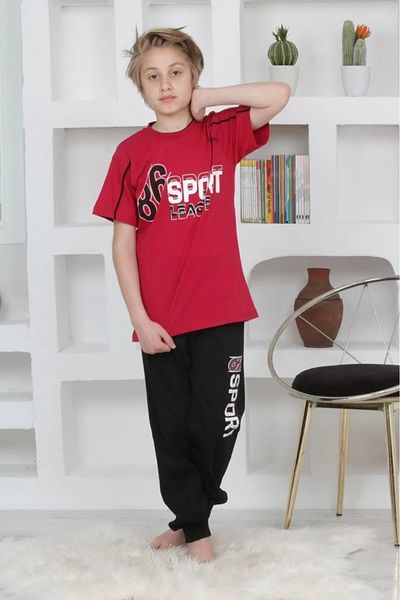 Yağmur Giyim Kapi̇p Burgundy Sport Printed Short Sleeve Boys Pajama Set 11-15 Years 5093-B