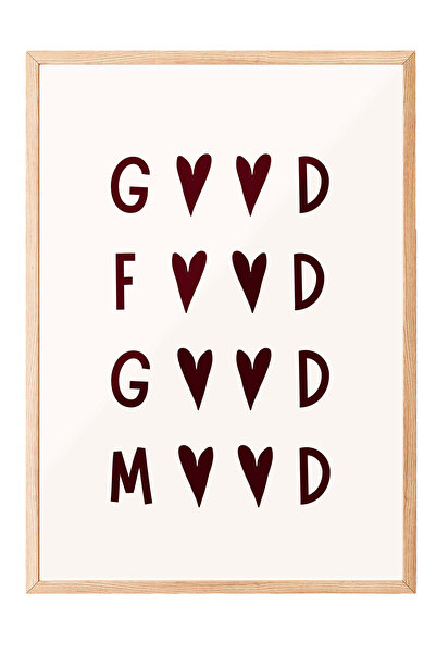 Zestia Tablou cu ramă din lemn, simbol inimă tipografică, text roșu, poster m...