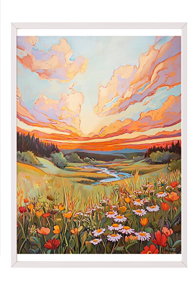 Zestia Tablou înrămat alb, Peisaj floral al văii, Cerul la apus, Poster în to...