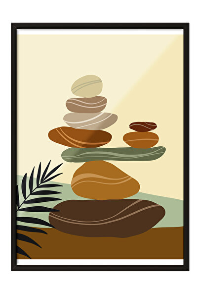 Zestia Tablou cu ramă neagră, Pietre Zen, Compoziție de stâncă în echilibru P...