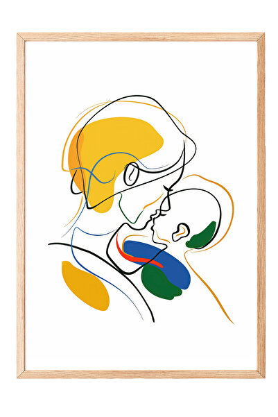 Zestia Tablou înrămat în lemn, Mamă și copil, Stil minimalist, Poster colorat...