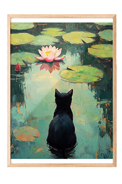 Zestia Tablou înrămat în lemn, pisică așezată pe frunză de nufăr, poster cu a...