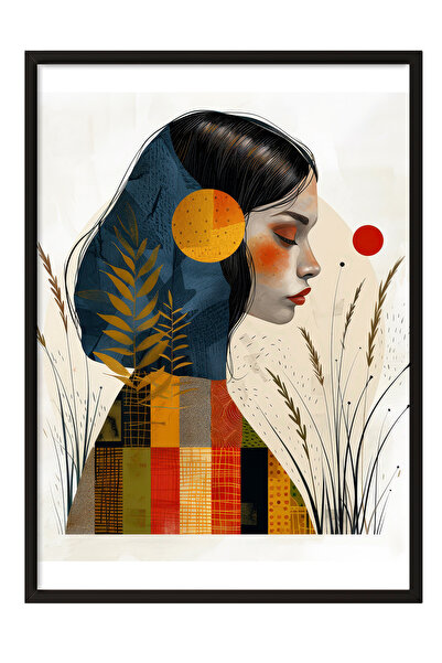 Zestia Tablou înrămat negru, portret de femeie, motiv natură și soare, ilustr...