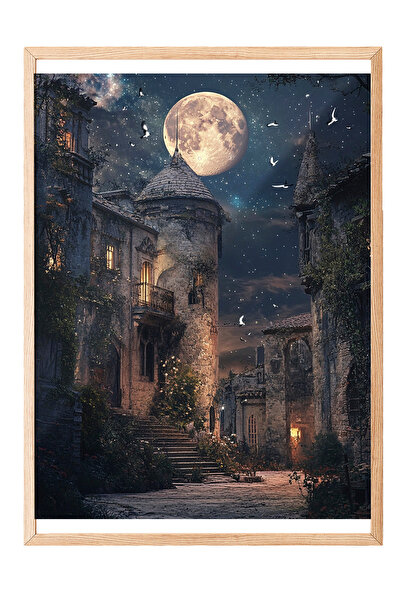 Zestia Tablou cu ramă din lemn, Străzi ale orașului medieval, Lumină de lună ...