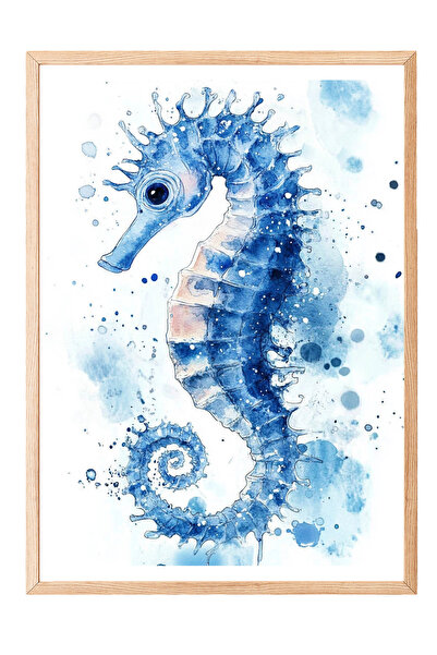 Zestia Tablou cu ramă din lemn, căluți de mare, desenat cu acuarele, tonuri d...