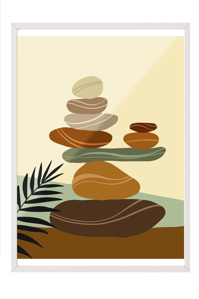 Zestia Tablou cu ramă albă, Pietre Zen, Compoziție de stâncă în echilibru Pos...