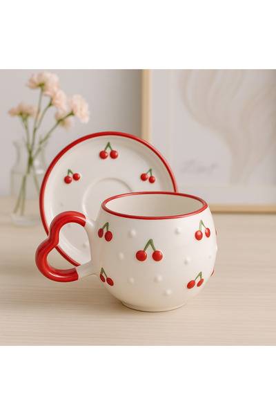 SırART Heart Handle Plate Cherry Pattern Special Embossed Hand Embroidered Ceramic Teacup